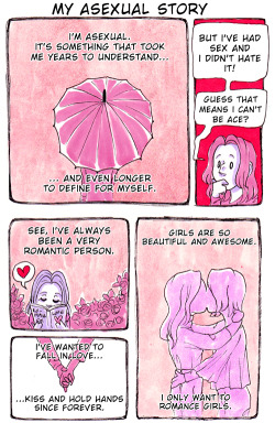 auraboo:  My Asexual Story, 2018. Another little autobiographical comic I whipped together (this was drawn in like two hours tops so don’t judge the drawings lmao). To clarify, I am in a happy long-term committed relationship with a non-ace girl and