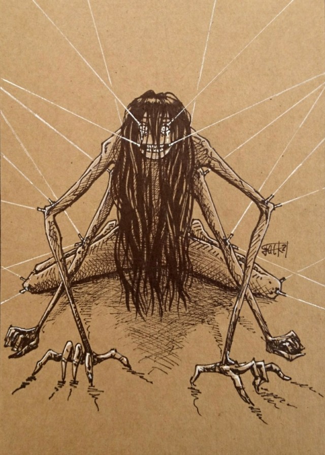 A black and white drawing on brown paper of a weeping 6-limbed figure. White threads bind it in place and stretch its mouth and eyes into a grin. A long dark tangle of hair hangs over its face. 