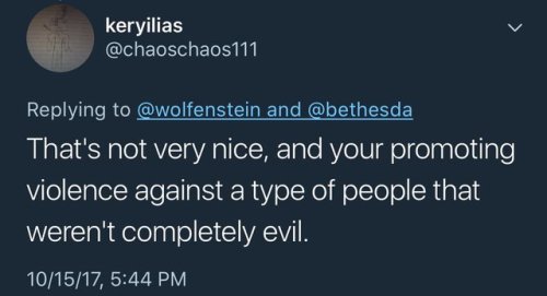 lavender-bubbaa:  gaylor-moon:  the-importance-of-being-kezia:  thisoneshade: holey-jona-d:  spar-kie:  lily-peet: Neo Nazis are so mad about Wolfenstein :P Man 30 years does a lot   ‘not completely evil’ I have no words  1993: FUCK YEAH WOLF3D HAVE