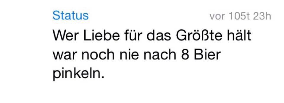 whatsapp-status:  Wer Liebe für das größte hält war noch nie nach 8 Bier pinkeln.