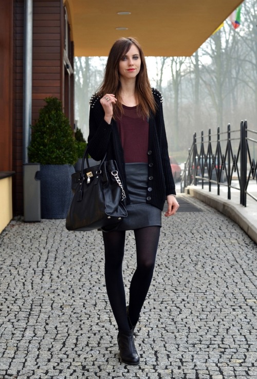 leatherstreetstyle:  VOGUE HAUS: LEATHER AND SPIKES http://bit.ly/22XMFrdtop - Zara / skirt - Choies / knit - Choies / tights - H&M / boots - Vagabond / bag - Michael Kors / bracelets - H&M / rings -Romwe