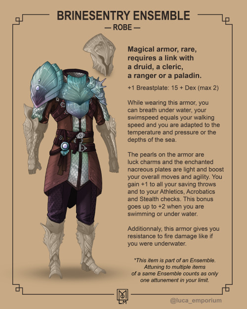 D&amp;D homebrew item : Brinesentry ensemble.Hey guys, it’s been a while.Ensemble are made to be dis