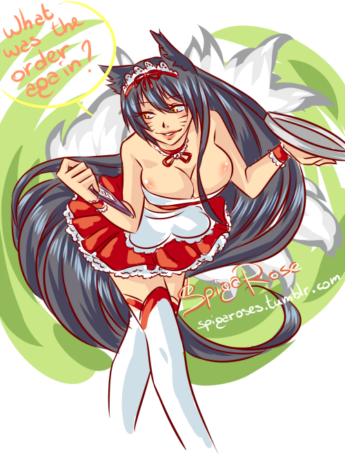 spigaroses:  sorry for the wait!here you are next LoL maid outfit! Ahri <3 aaah, she’s so indecent XD you can see  the previous maid here: http://spigaroses.tumblr.com/post/102206393438/as-promised-maid-sejuani-previous-maid-here 