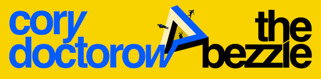 A yellow rectangle. On the left, in blue, are the words 'Cory Doctorow.' On the right, in black, is 'The Bezzle.' Between them is the motif from the cover of *The Bezzle*: an escheresque impossible triangle. The center of the triangle is a barred, smaller triangle that imprisons a silhouetted male figure in a suit. Two other male silhouettes in suits run alongside the top edges of the triangle.