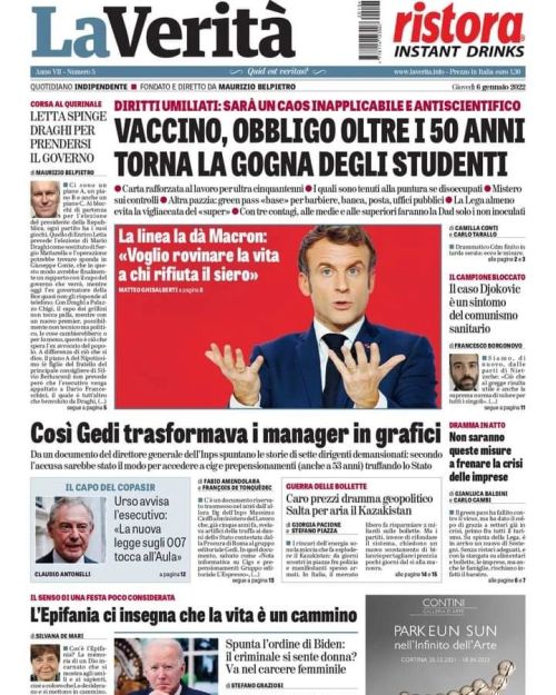 Buongiorno, ecco #LaVeritàdioggi
Vaccino, obbligo oltre i 50 anni. Torna la gogna degli studenti
Carta rafforzata al lavoro per ultra cinquantenni. I quali sono tenuti alla puntura se disoccupati. Mistero sui controlli. Altra pazzia: green pass...