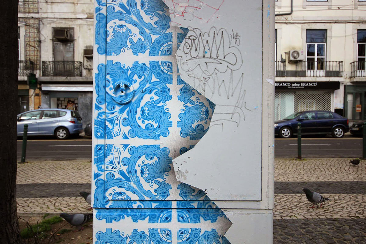 itscolossal:Ceramic Tile Illusion Painted on a Boring Electrical Box in Lisbon
