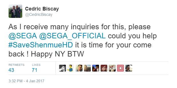 Shenmue III co-producer Cédric Biscay of Shibuya Productions has tweeted his own plea to Sega to #SaveShenmueHD, hot on the heels of yesterday’s Tweetathon.
As we detailed earlier today on Facebook, making new versions of Shenmue 1 & 2 available to...