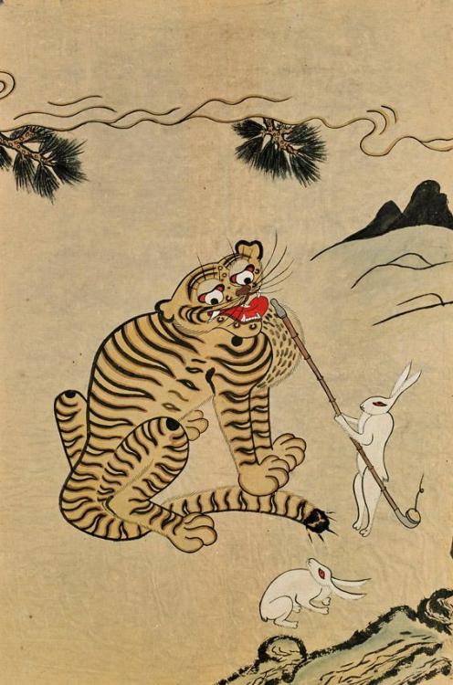 Unknown Artist - Old Korean Painting: Tiger and Rabbits (Rabbit holding a pipe for a Tiger, with ano