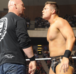 rwfan11:  Miz confronts Stone Cold …he’s got it going on in this pic! Nice chest, bulge and a bit of tan-line! 