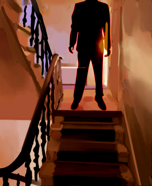 madradiohead:upon a stair[image description: a digital illustration of a stairwell, lit with dim, am