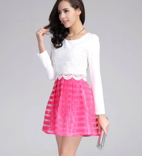 2014 new arrival cute short dress. Lace embroidered white top and striped tulle skirt. Long sleeve. 