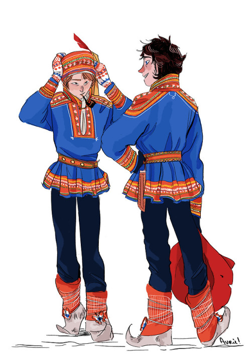 avril-circus: I think i drew them in traditionnal sami’s clothing. That is so colorful and del