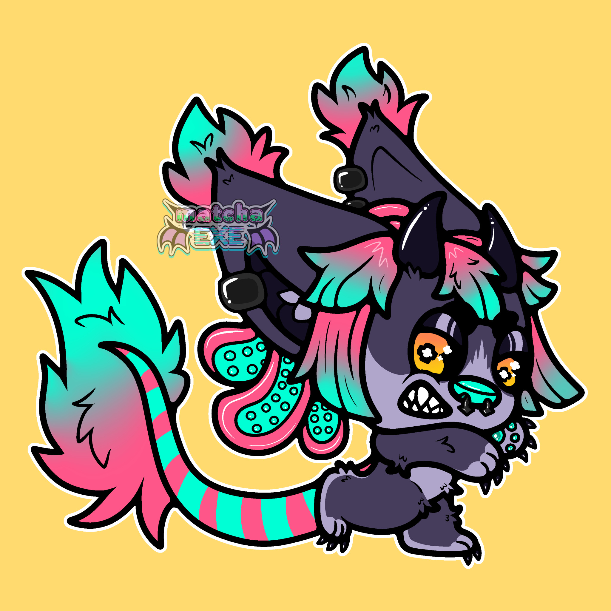 Full-body chibi digital art of an anthropomorphic fox-like imp creature. It has dark purple fur with lighter purple fur on it's paws, belly, lower face, and fluff in it's ears. It has a long teal and pink striped tail with fluffy pink and teal fur on the end. It has cropped bangs and longer sideburns surrounding it's dark purple horns. It's hair is pink with teal tips. On the back of it's head are pink and teal tentacles. It's ears are large and have fluffy pink and teal tips. There are a couple of dark grey piercings in their ears and their nose septum. It's nose and paw pads are teal. It's eyes are black with yellow-orange iris'. It's pupils are black crosses and it's eyebrows are also black. It is standing on one leg with the other leg bent in the air. It's arms are in front of it and it is showing it's claws. It is facing towards it's left and snarling. The background is a pale yellow.