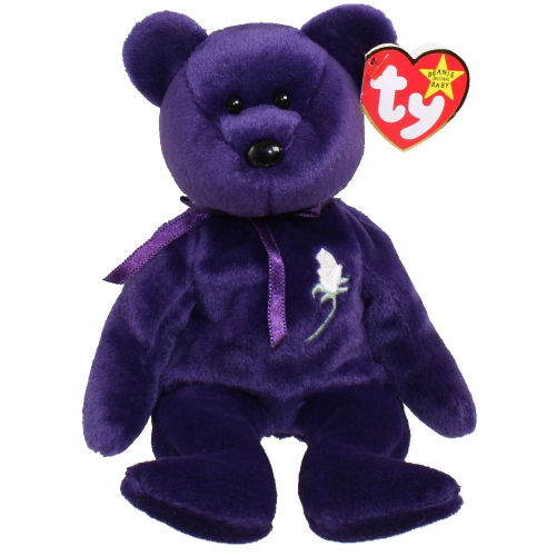 a dark purple bear plush with a matching purple ribbon bowtie and white rose embroidered on the chest.