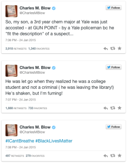 micdotcom:  Police held a ‘NY Times’ columnist’s son at gunpoint in a startling example of racial double standards   Yale University police officer raised his gun at an innocent black man Saturday night while searching for the suspect in a burglary