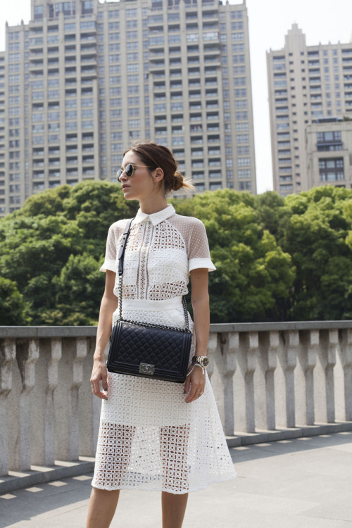 ✮Gala Gonzalez (AMLUL.COM) in Shangai wearing: Dress by SelfPortrait Chanel boy bag RayBan sunglasse