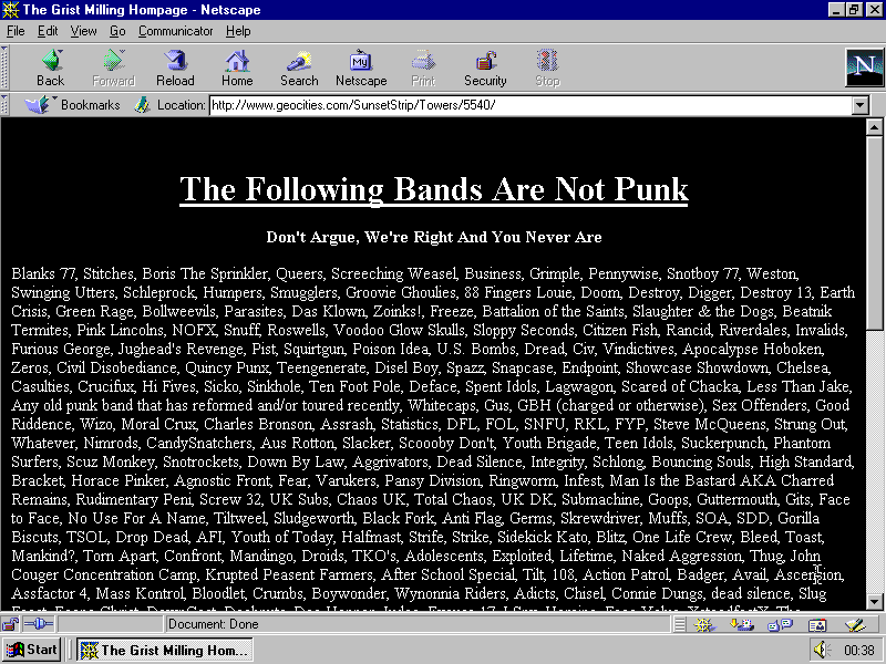 Screenshot of a Geocities page titled The Following Bads Are Not Punk