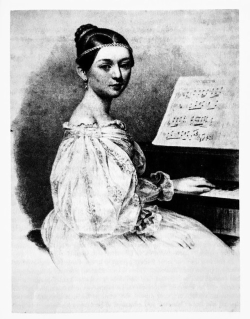 thecuriouspianist:Clara Wieck in Hanover, age 16. Her concerto opus 7 is open on the piano. [Lithogr