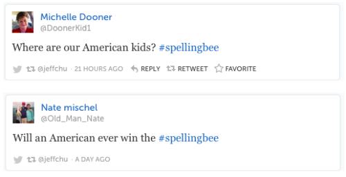 policymic:  The racist response to the Spelling Bee is further proof America isn’t ready to talk about minority success  On May 29, they became co-champions of an especially hard-fought Scripps National Spelling Bee. In the past few years, the 89-year-old