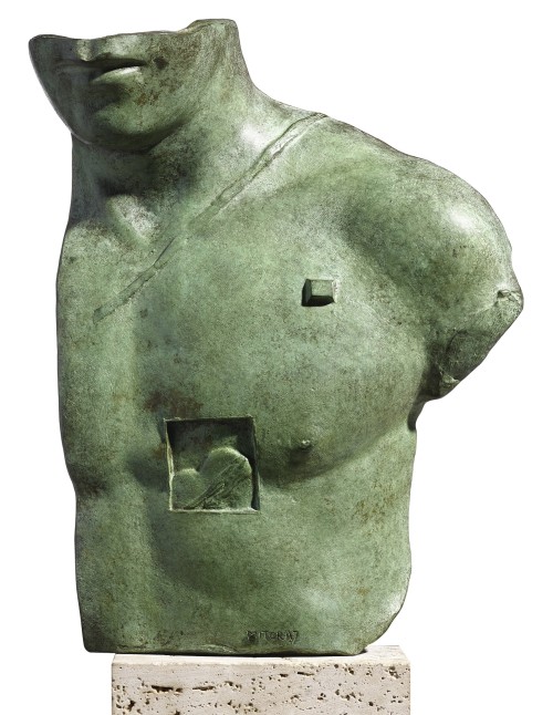 disease:IGOR MITORAJ / ASCLEPIOS / 1988[bronze with green patina; on travertine base | 18.5 x 11 x 3.9″]