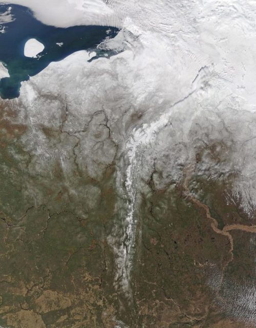 Satellite view of the Ural Mountains (Russia).The Urals are the dividing line between Europe and Asi