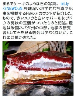 y-kasa:  Oguchi T／小口 高さんのツイート: “まるでケーキのような石の写真。 https://t.co/TNFw3XU6mW 興味深い地学的な写真や記事を掲載するFBのアカウントが紹介したもので、赤いメノウと白いオパールにブドウの房状の玉髄がついたものと記述。産地は米国ネバダ州の中部。地学の研究者として石を見る機会は少なくないが、これには驚かされた。…