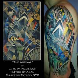 fuckyeahtattoos:  The Arrival by Nevinson - Tattoo rendition by Adal at Majestic Tattoo NYC