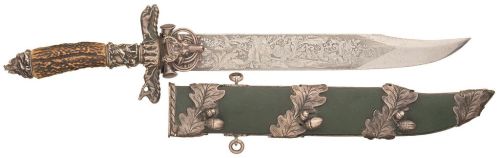 peashooter85: Exhibition quality German hunting knife with chiseled silver mountings and sheath, sta