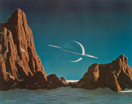 humanoidhistory:Saturn as seen from Titan, painted by Chesley Bonestell, 1948.