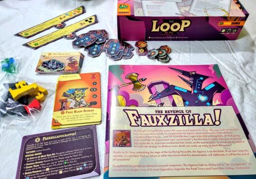 Setting up and learning the rules for The LOOP: The Revenge of Fauxzilla! Yes, I am playing it solo 