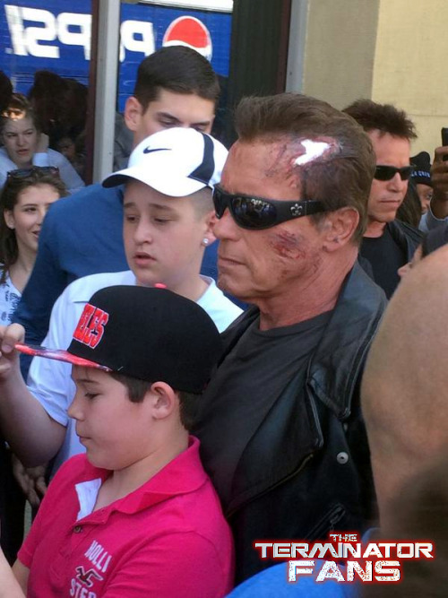 terminators:  Alright, so, I’d like to give you more details about why Arnold went and dressed up as the Terminator, complete with battle damage make-up, and then went around to Madame Tussauds wax museum and briefly pretended to be his own wax sculpture,