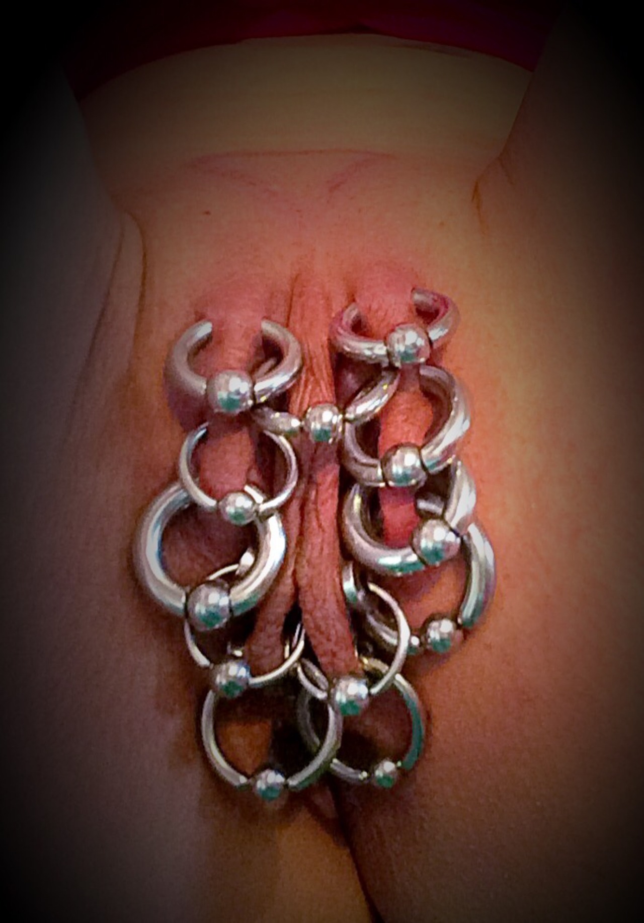 pussymodsgaloreA well pierced pussy with good sized rings. Going by the rings, she