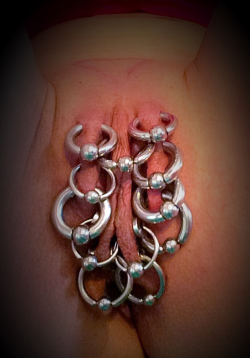 pussymodsgaloreA well pierced pussy with good sized rings. Going by the rings, she has 7 outer labia piercings, 4 on one side and 3 on the other. Why not 4 on each side for symmetry? She has 4 inner labia piercings with inserted flesh tunnels and rings,