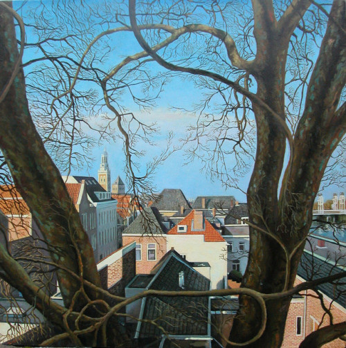 The Plane Tree , View of the City of Kampen from the Koornmarkt Gate -  Sjaak Kaashoek.Dutch, b.1961