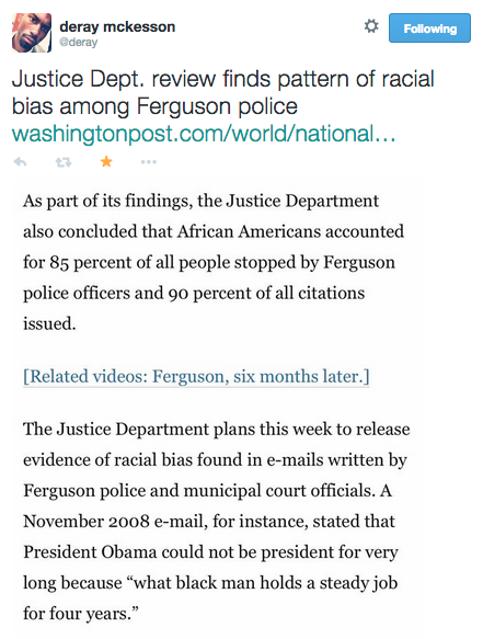 revolutionarykoolaid:No Justice, No Peace (3/3/15): The Department of Justice will be releasing a report tomorrow that affirms what we already knew: the Ferguson Police Department are a bunch of racists fucks. Not some of the department— ALL OF THE