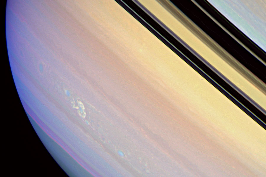 astronomyblog:  Saturn’s atmosphere exhibits a banded pattern similar to Jupiter’s,