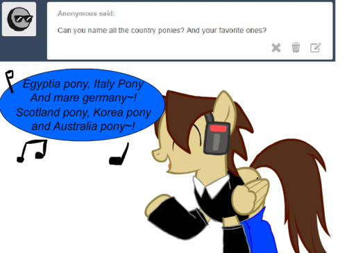 ask-star-singer:  An ask by an Anon featuring ask-swedish-pony, ask-sweden-pony, canada-pony, ask-the-england-ponies (Sorry, it’s deactivated…) and ask-usa-pony.Why name the country ponies I know when I can sing the names?  x3