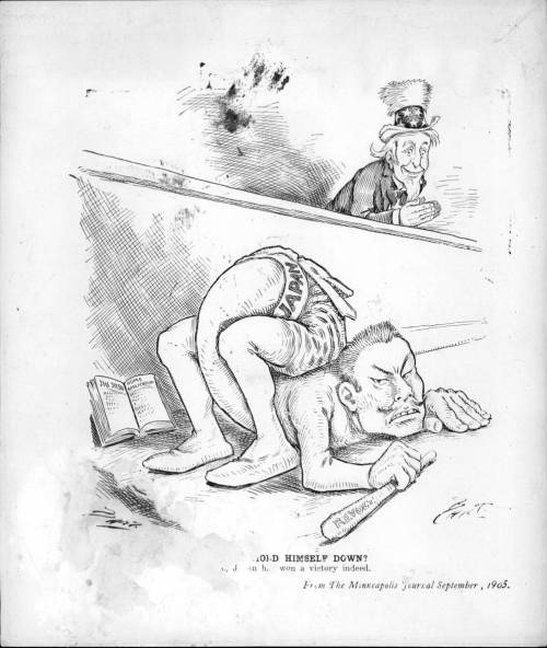 Can He Hold Himself Down?September 7, 1905 Uncle Sam looks on as Japan contorts to pin the top of hi