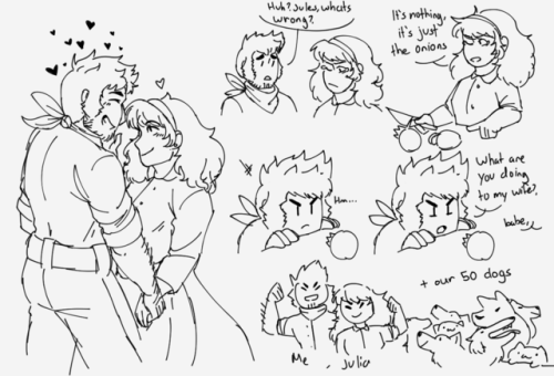 the-canine-king: the only straight couple that matters [image description: several line drawings fea