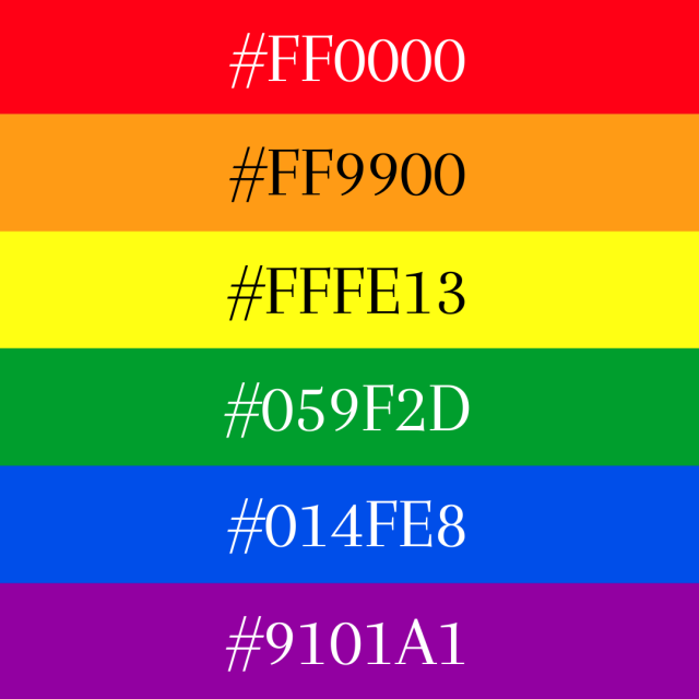 the rainbow, 6-stripe LGBTQ flag with the specific hex color codes over each stripe.