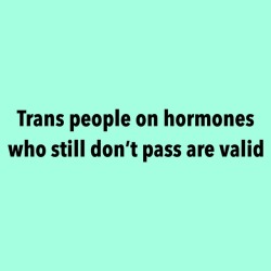 questingqueer: [Trans people on hormones who still don’t pass are valid]  A lot of us think “when I start HRT I’ll finally stop getting misgendered!” but hormones don’t make you immediately start passing. A lot of us experience some disappointment