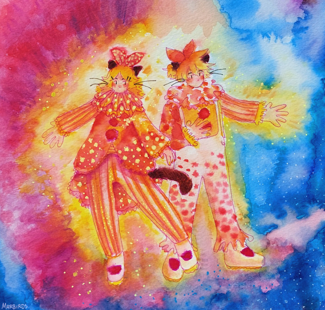 a vibrant watercolor painting of kagamine rin and len dressed like clowns with cat ears and whiskers. They are posing together with a welcoming gesture inside of a dreamy pink yellow and blue void space and glowing.