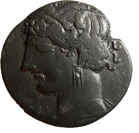 metaphysikal:A Punic coin featuring Tanit, minted in Punic Carthage between 215-205 BC.Tanit, aka Ti