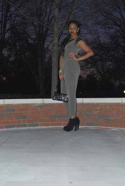 Shasa Jump Suit and Heels, H&M necklace, Kathy New Zealand Purse, Forever 21 EarringsUnder Houst