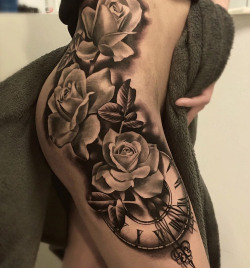 tattooideas123:  Roses &amp; Clock Facehttp://tattooideas247.com/roses-clockface/