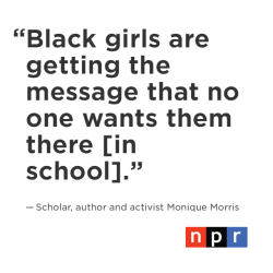 nprbooks:  Image: LA Johnson/NPR Black girls are punished in school at rates that are even more disproportionate than those experienced by black boys – and they’re suspended six times more often than white girls. Scholar, author and activist Monique