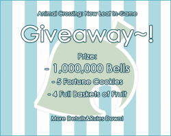 midgar-crossing:  So..I got some extra bells and want to share them with animal crossing fandom :3 Prize:- 1,000,000 Bells- 5 Fortune Cookies- 4 Full Baskets of Fruit Rules:- You don’t need to follow me, but if you do it will be appreciated! =) ( and