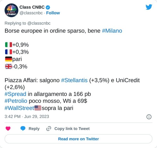 Borse europee in ordine sparso, bene #Milano  🇮🇹+0,9% 🇫🇷+0,3% 🇩🇪pari 🇬🇧-0,3%  Piazza Affari: salgono #Stellantis (+3,5%) e UniCredit (+2,6%)#Spread in allargamento a 166 pb#Petrolio poco mosso, Wti a 69$#WallStreet🇺🇸sopra la pari  — Class CNBC (@classcnbc) June 29, 2023