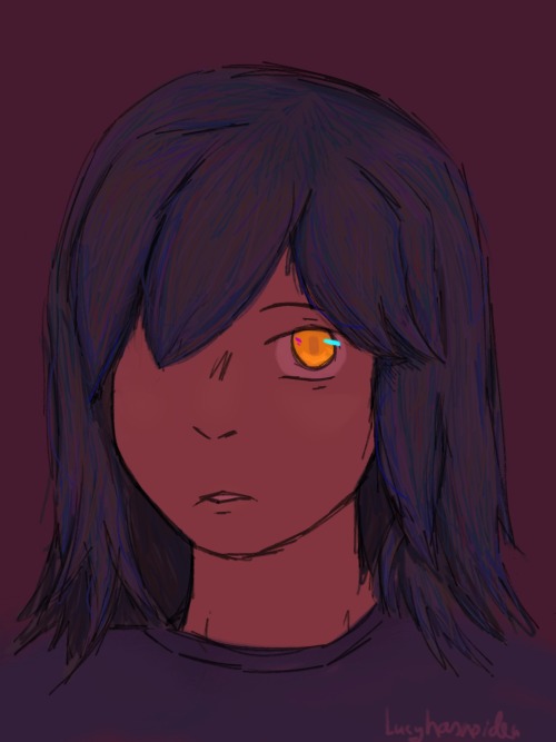 Digotal dawing of a person from shoulder up. Its purple tinted. Their eye is a bright, contrasting yellow.