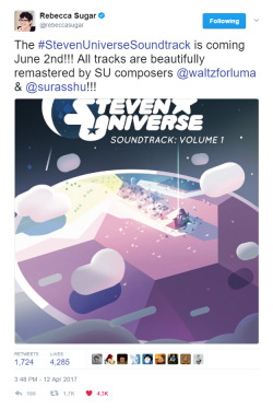 crystal-gems:  [Link to Tweet] @rebeccasugar: “The #StevenUniverseSoundtrack is coming June 2nd!!! All tracks are beautifully remastered by SU composers @waltzforluma &amp; @surasshu!!!”  Super excited!!!  